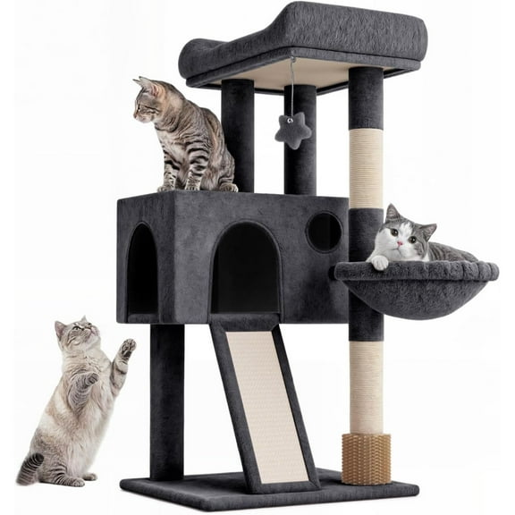 36-Inch Cat Tree Tower for Small and Medium Indoor Cats, Multi-Level Climbing Tower with Sisal Scratching Posts, Hammock, Cat Condo & Scratching Board, Smoky Gray