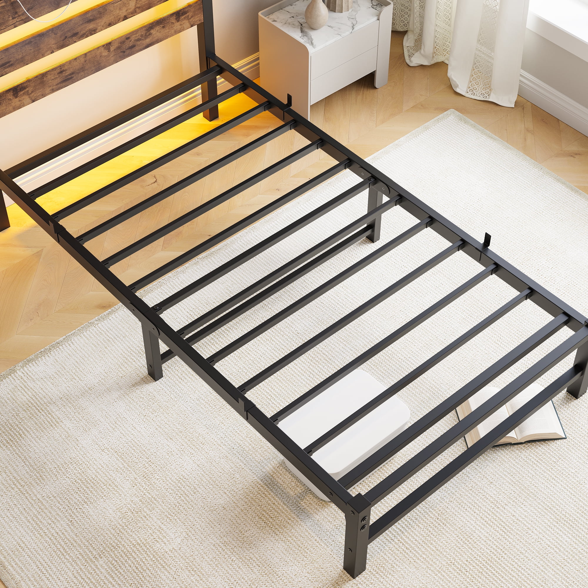 Yoneston Twin Size Bed Frame with LED Night Storage Headboard and USB Charging Station, 11" Black Duty Metal Platform Bed for Kids Childs Teens