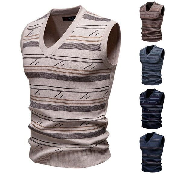 Men's Thick V-Neck Striped Sweater Vests, Classic Relaxed Fit Soft V-Neck Knitwear Sleeveless Pullovers for Fall Winter Casual Layering Coffee L-2XL by Zenithor