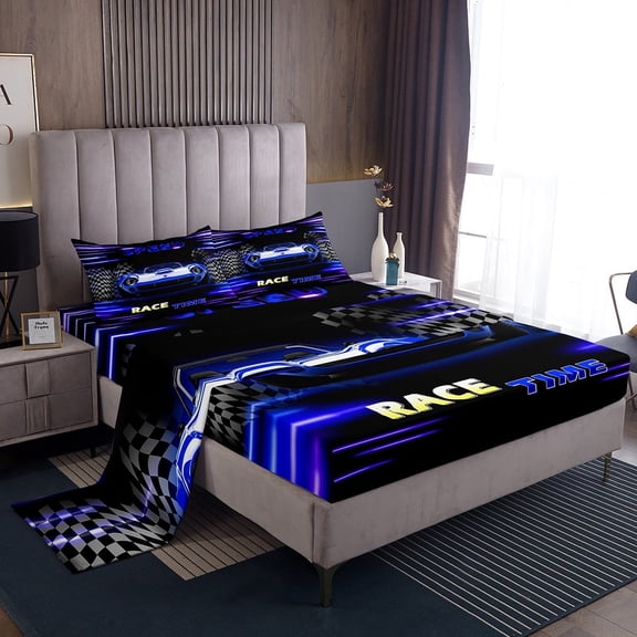 Erosebridal Racing Car Sheet Set Twin,Geometric Plaid Bedding Sets Twin Size,Black Blue Twin Sheet Sets,Super Cozy Sport Bedroom Decorative,3pcs