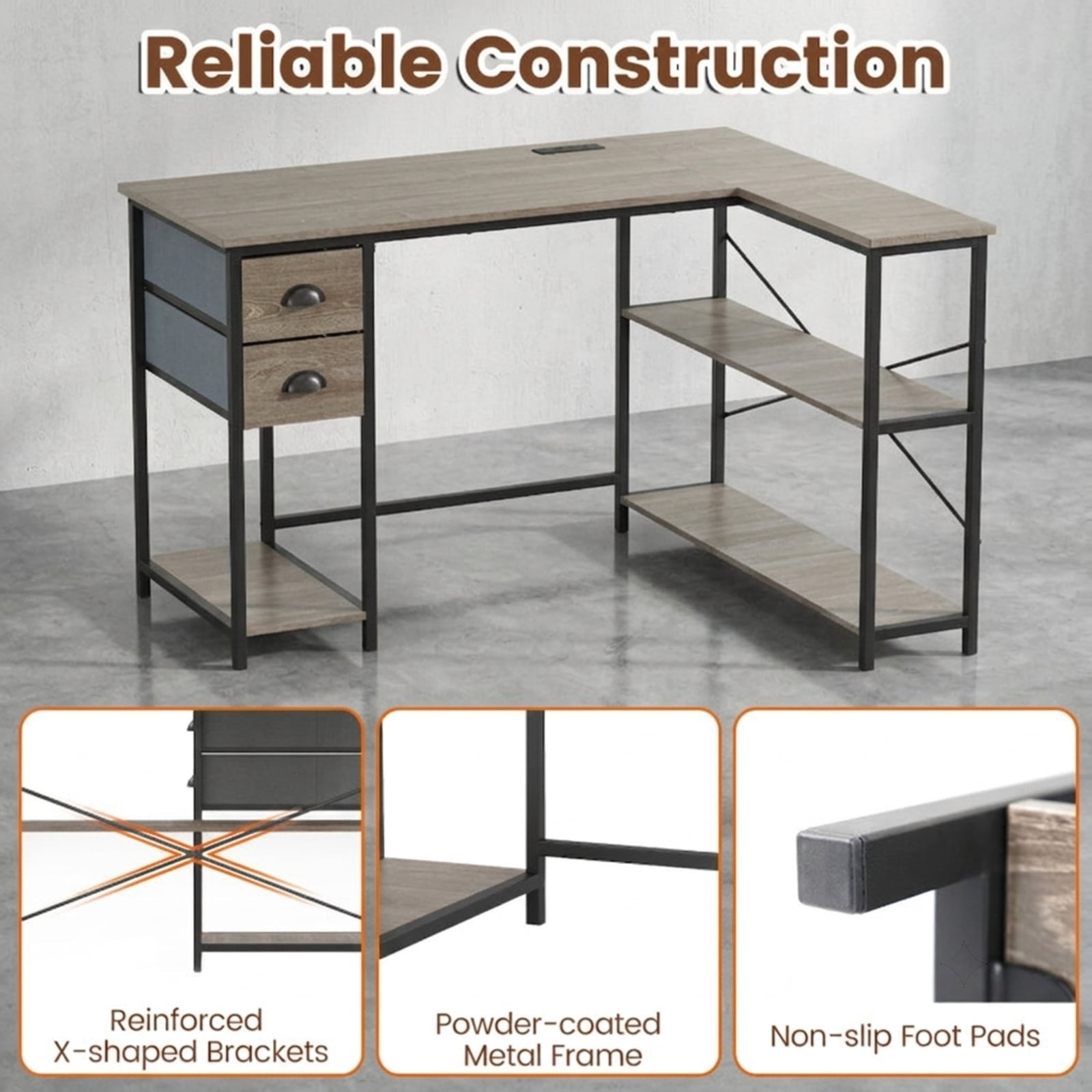 Furnibear L Shaped Desk with Charging Station, Corner Computer Desk with 2 Fabric Drawers and Open Shelves for Home Office Study Gaming, Oak