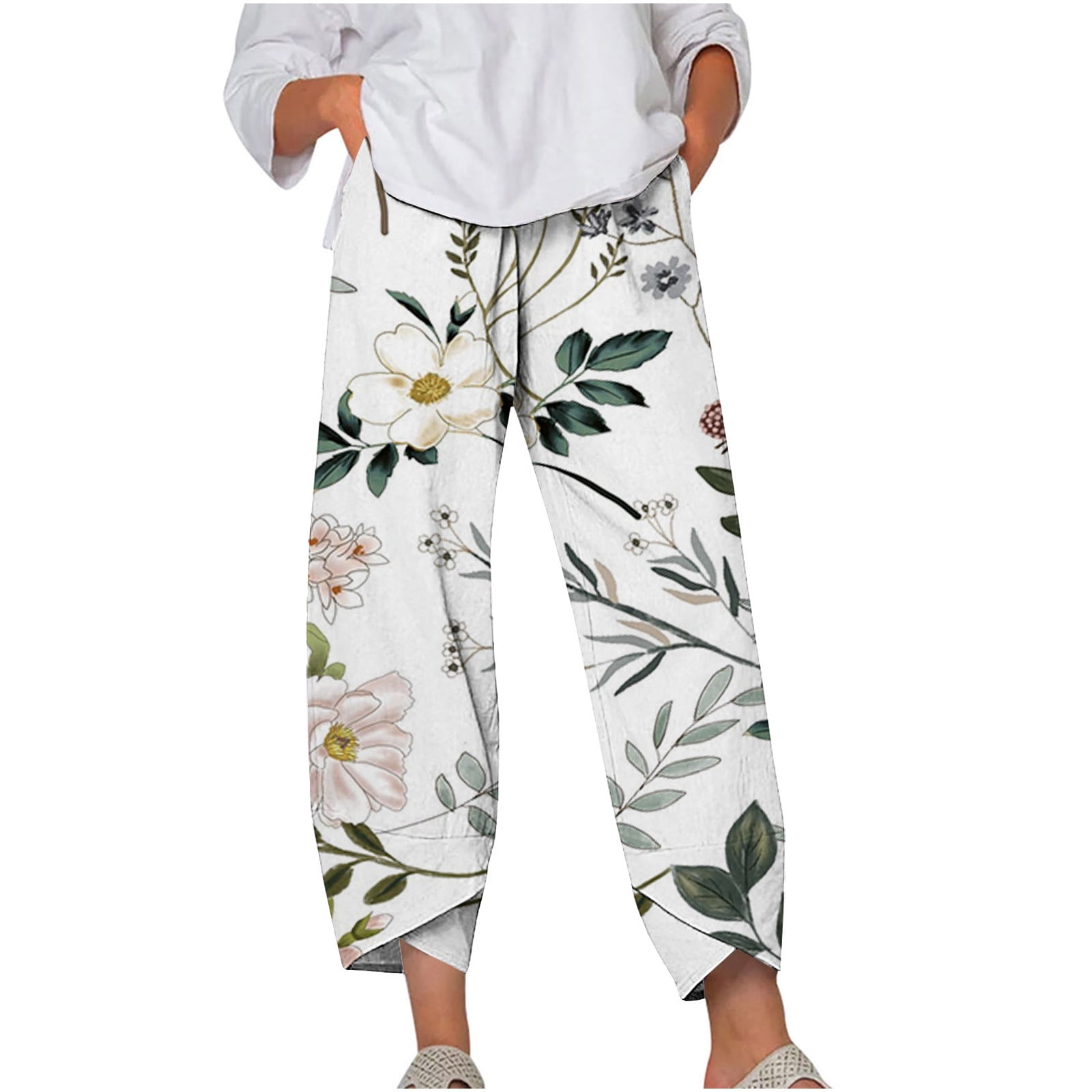 ZQGJB Womens Cotton Linen Capri Pants Summer Elastic High Waisted