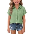 thumbnail image 2 of Resicozy Girls Button Down Linen Shirts for Kids Summer Short Sleeve Dress Shirts Uniform Blouse 3-13 Years Light Green 160, 2 of 8