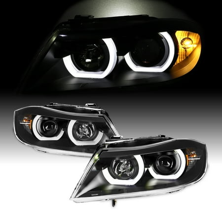 AKKON - Headlights For BMW E90 Sedan & Wagon [Halogen Style] LED U-Halo Black Housing Projector Headlights Headlamps