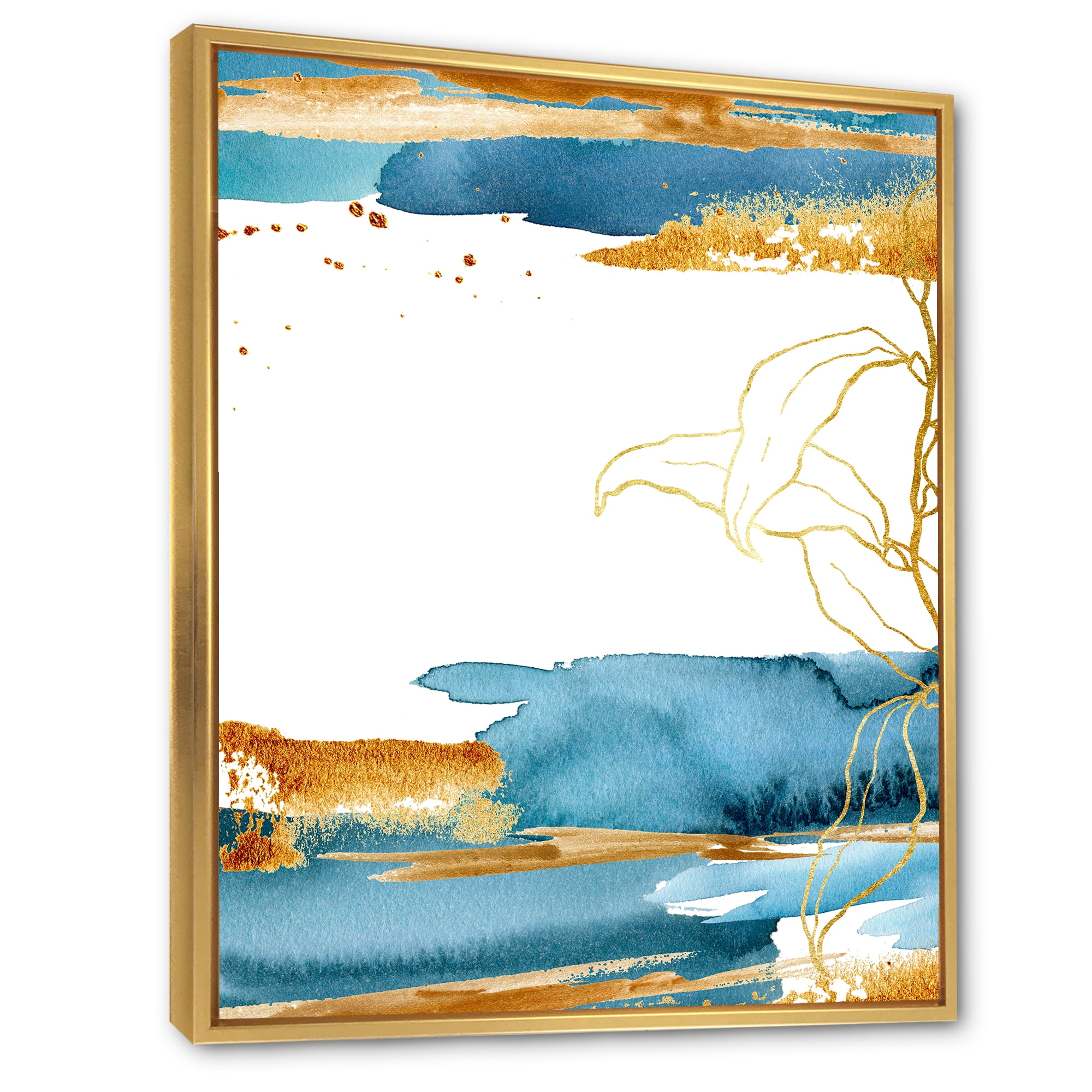 Abstract Golden Laminaria Branch & Leaves 30 in x 40 in Framed Painting Canvas Art Print, by Designart