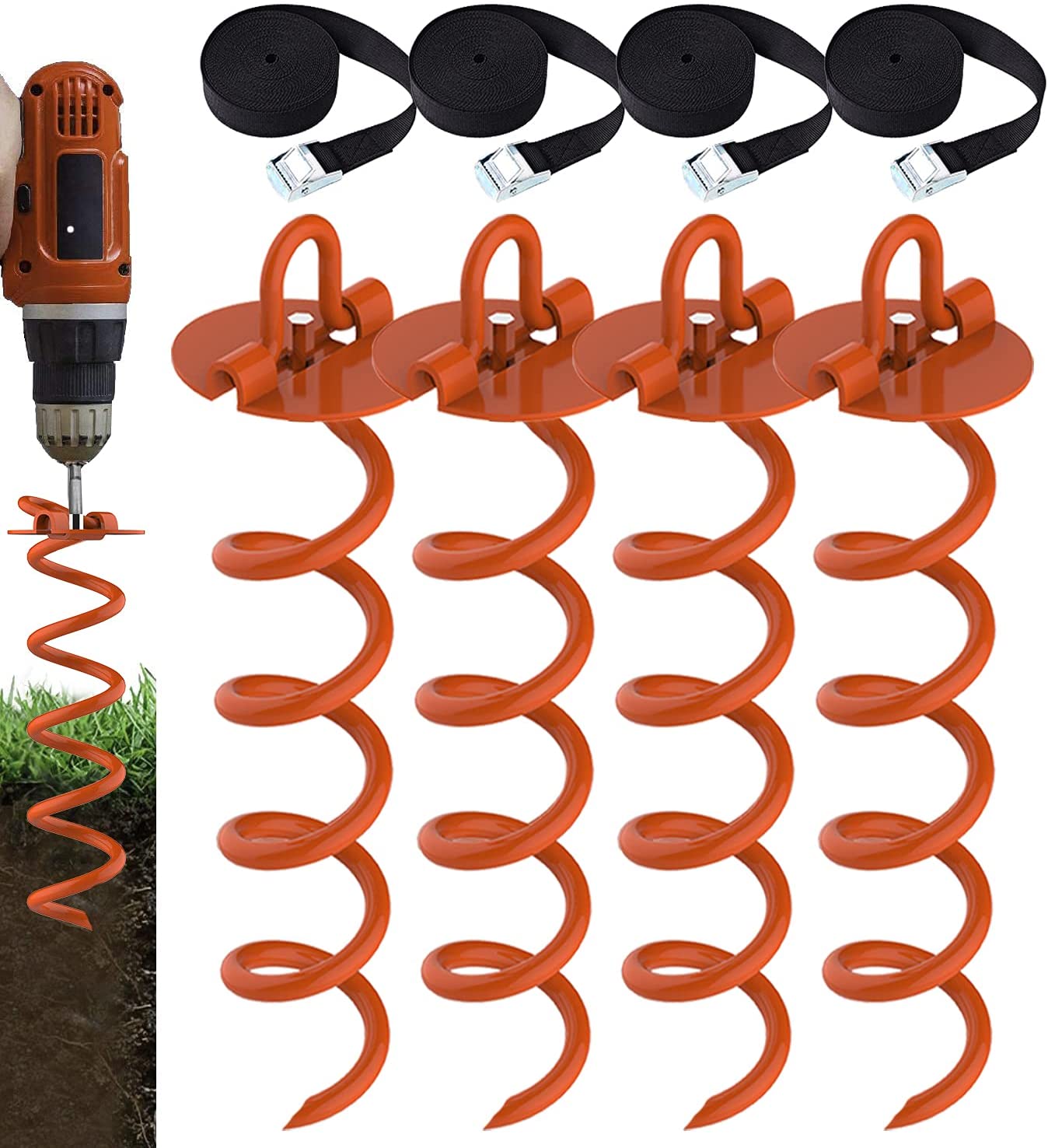 Eurmax Tie Down Stakes 4Pc Spiral tie down anchor kit Bonus Straps