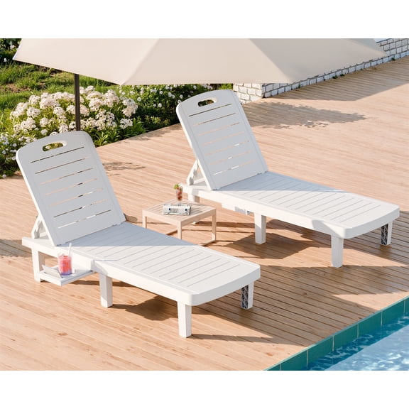 JULY'S SONG Oversized Outdoor Chaise Lounge Chair  5-Position Adjustable Backrest, Hidden Cup Holder, Weather-Resistant Resin Pool Lounge Chairs for Patio, Deck, and Backyard (Set of 2, White