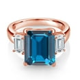 thumbnail image 2 of Gem Stone King 18K Rose Gold Plated Silver 3-Stone Ring Set with Emerald Cut London Blue Topaz and Moissanite (8.66 Cttw, Size 5), 2 of 3
