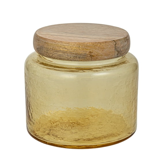 Creative Co-Op Hammered Glass Jar with Mango Wood Lid, Yellow and Whitewashed