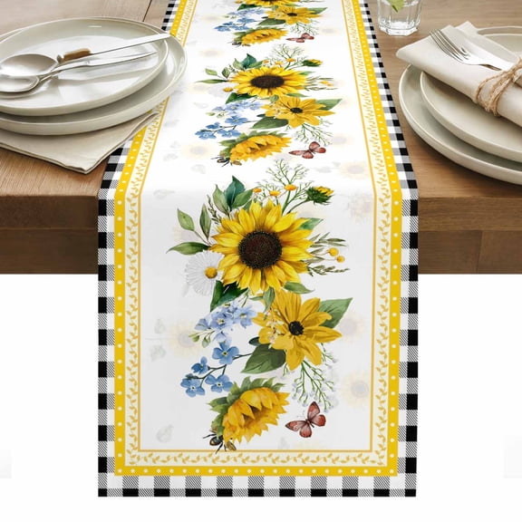 Sunflower Table Runner - 120 Inch Long, Kitchen Dining Table Runner Dresser Scarves, Yellow Flowers Black White Plaid Farmhouse Botanical Farmhouse Decor for Coffee Tables Wedding Party Banquet
