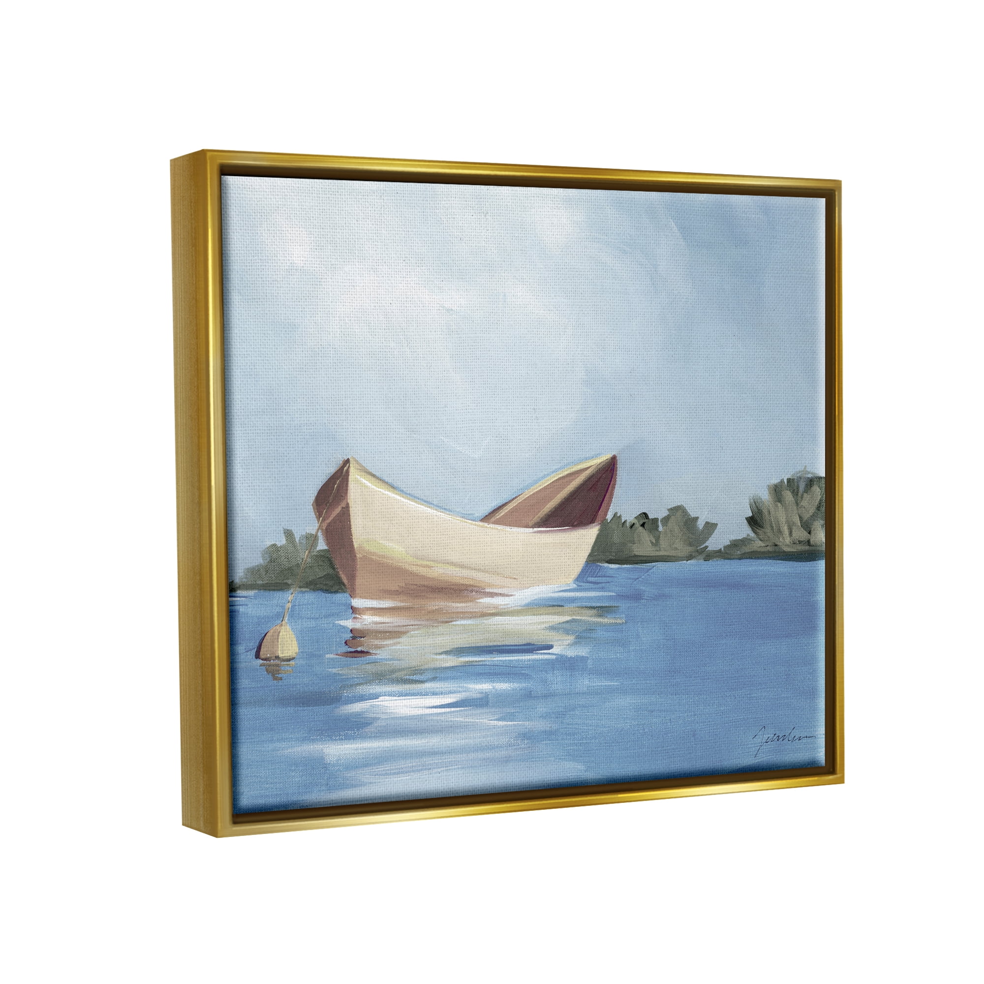 Stupell Industries Boat Floating on Lake Transportation Painting Gold Floater Framed Art Print Wall Art, 21 x 17