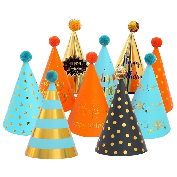 EeaseMX 1 juego de 10 gorros de cumpleaños con purpurina bronceadora, estilo aleatorio (rosa, naranja y negro)