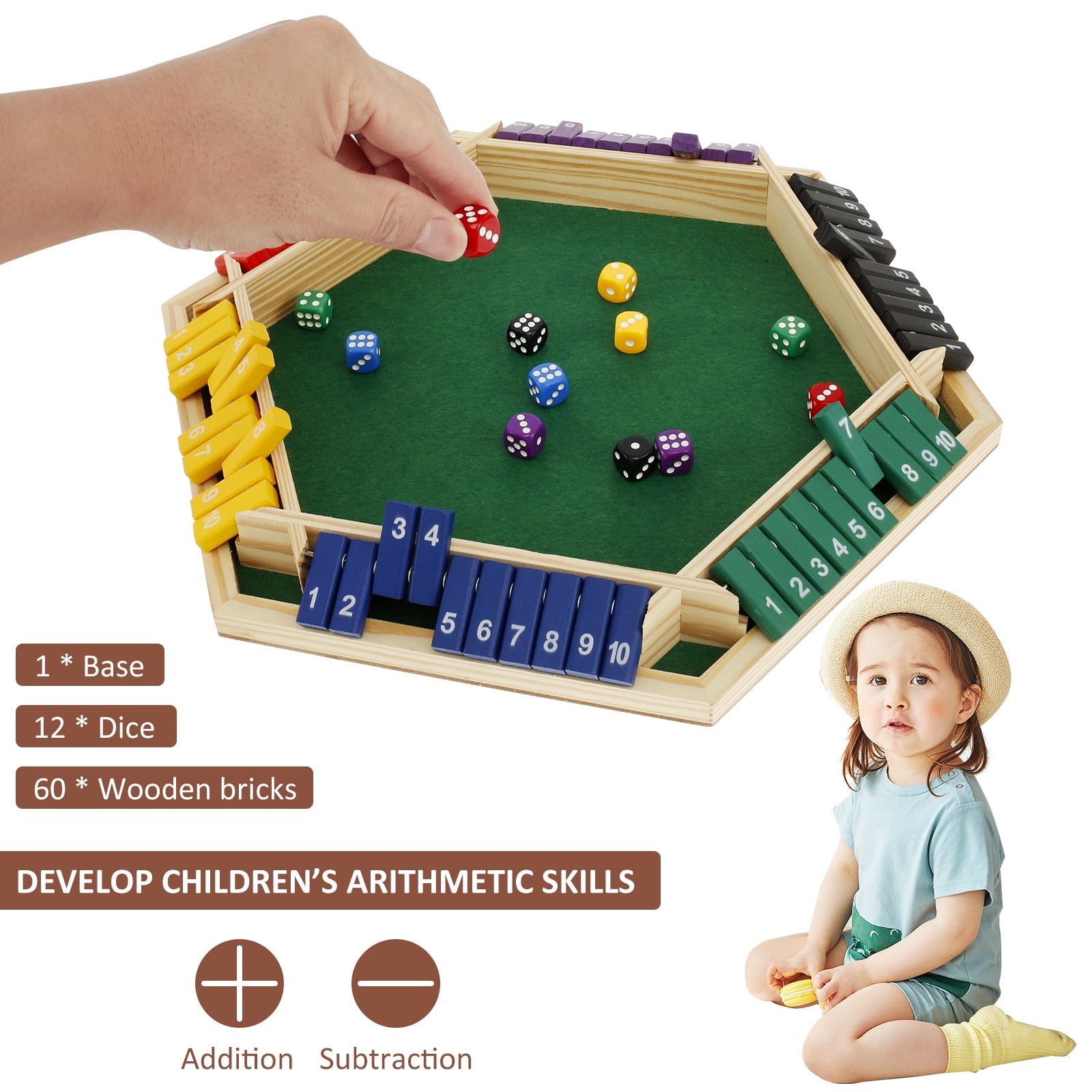 Wekvgz Shut The Box Game for 1 to 6 Players Wood Tabletop Board Game with 12 Dice Fun Close The Box Game Handmade Shut The Box Dice Game for Kids Adults Families Home Party