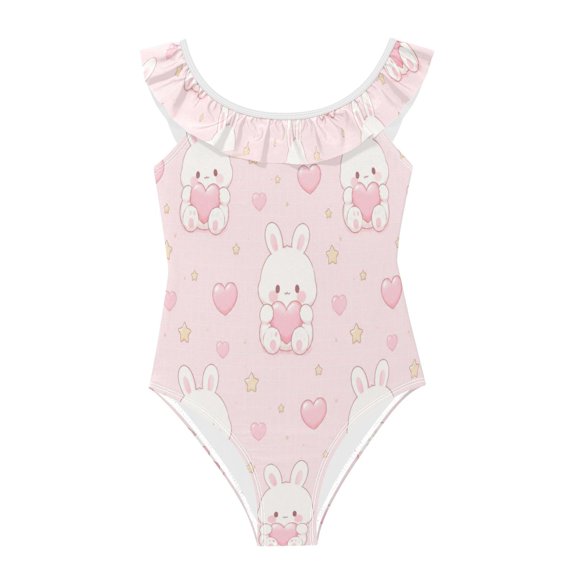 Girls Ruffled One Piece Swimsuit Summer Beach Vacation Swimwear Tank Swimsuit Rabbit and Heart Patterns