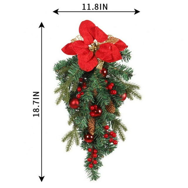 Couronne de Larme de Noël d'Hiver Artificielle de Noël avec la Fleur Rouge de Pomme de Pin de Baie et Boules Rouges Décoration Pendentif de Suspension de Couronne de Noël pour la Suspension de Porte de Mur de Vacances