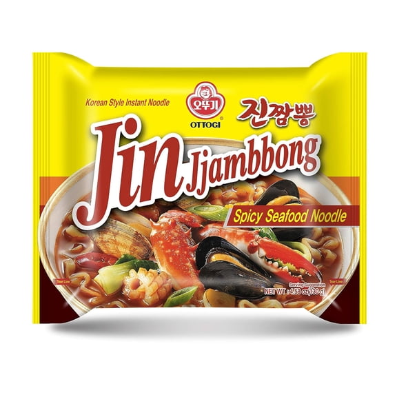 OTTOGI JIN Jjambbong Korean Instant Ramen – Spicy Seafood Noodles, Red Broth, 4.58 oz (Pack of 8)