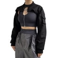 thumbnail image 2 of hirigin Women Fashion Personality Crop Tops Solid Color Stand Collar Long Sleeve Zipper Short Jacket Pockets Cargo Tops Streetwear, 2 of 9