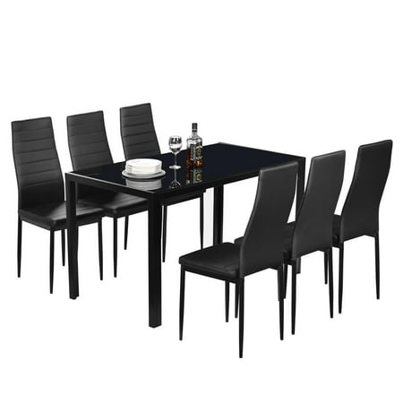 Iron Kitchen Table UBesGoo 7PCS Dinning Set Assembled Tempered Glass & Iron Dinner Table And High Backrest Dining Chairs ()