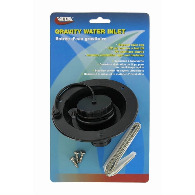 Valterra Fresh Water Inlet A01-2003BKVP Used For RV Fresh Water System; Gravity Water Inlet; 1/2 Inch Female Pipe Thread Inside Connection; Without Check Valve; Black; UV Stabilized Plastic