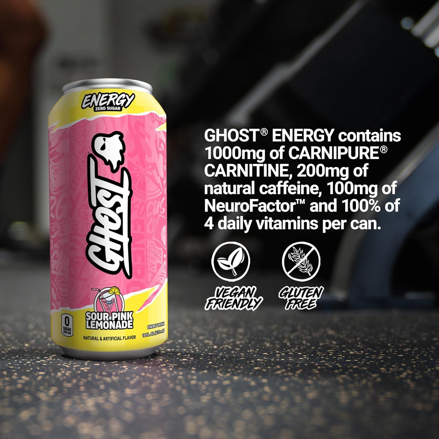 GHOST Zero Sugar Energy Drink, Sour Pink Lemonade, 16 oz Can, 12 Pk