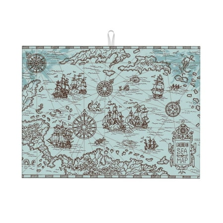 

Large Dish Drying Mats for Kitchen Counter - Pirate Adventure Map 18x24In Anti-Slip Absorbent Microfiber Drying Mat for Kitchen Counter Mat Dish Rack Mat with Hanging Loop