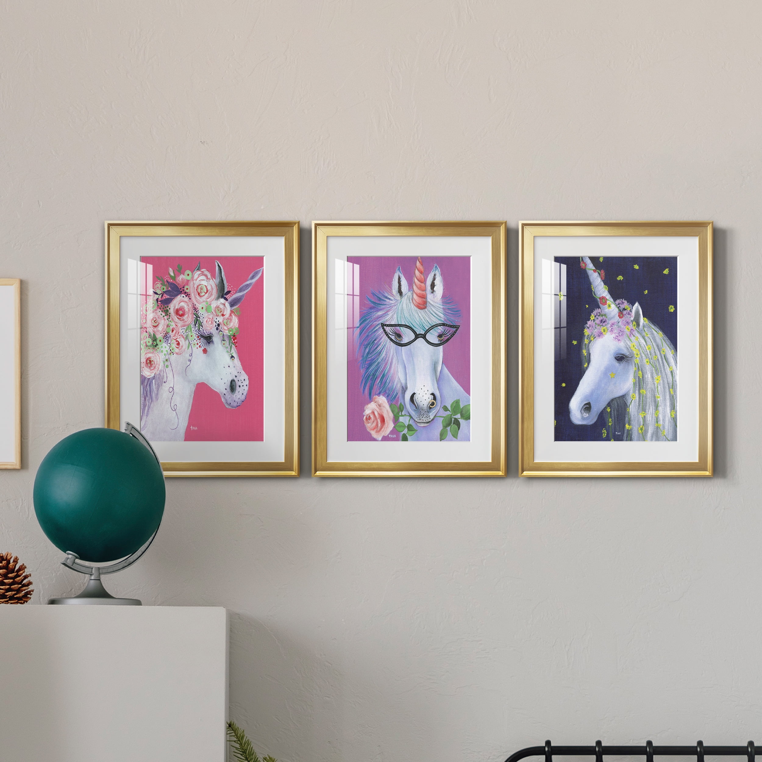 Unicorn II Premium Framed Prints Set of 3 - Ready to Hang - 18 x 24 Each - Gold Frame