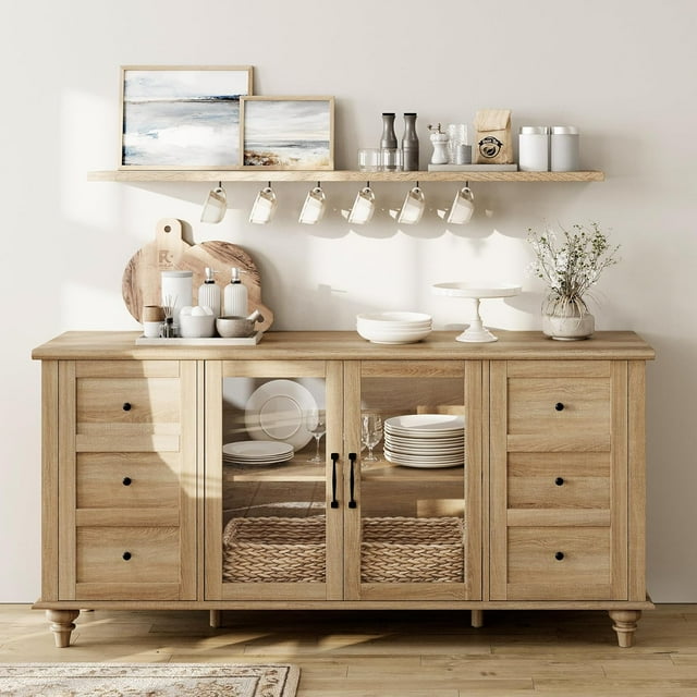 WAMPAT Sideboard, Buffet Cabinets, Glass Door, Kitchen Storage, Wood Coffee Bar, Dining Room Table, Living Room Accent, Storage Cabinet,Oak