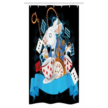 Alice in Wonderland Stall Shower Curtain, Rabbit Motion Cups Hearts and Flower Character Alice Cartoon Style, Fabric Bathroom Set with Hooks, 36W X 72L Inches Long, Multicolor, by Ambesonne