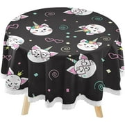 SKYSONIC Summer Cat Unicorn Round Tablecloth 60inch Indoor Wrinkle Free, Pink Heart Circular Lace Table Cover Washable for Kitchen Party BBQ Dining Decor