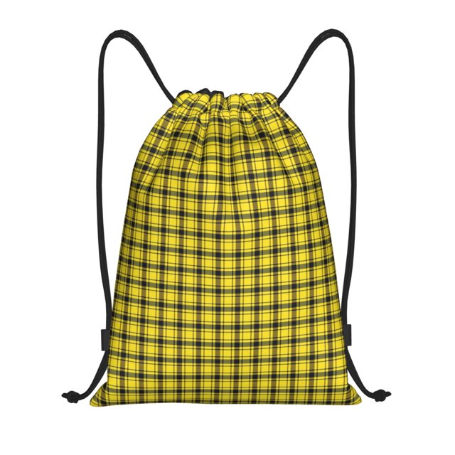 Xecao Yellow Checkered Plaid Pattern Sports Drawstring Backpack - String Swim Gym Bag with Wet Proof Pocket for Women&Men-Small