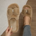 thumbnail image 2 of Xfvqtps Fluffy Slippers for Women Bow Decor Winter Warm Open Toe Slip on Furry Cozy Indoor and Outdoor Plush Shoes Khaki, 2 of 9