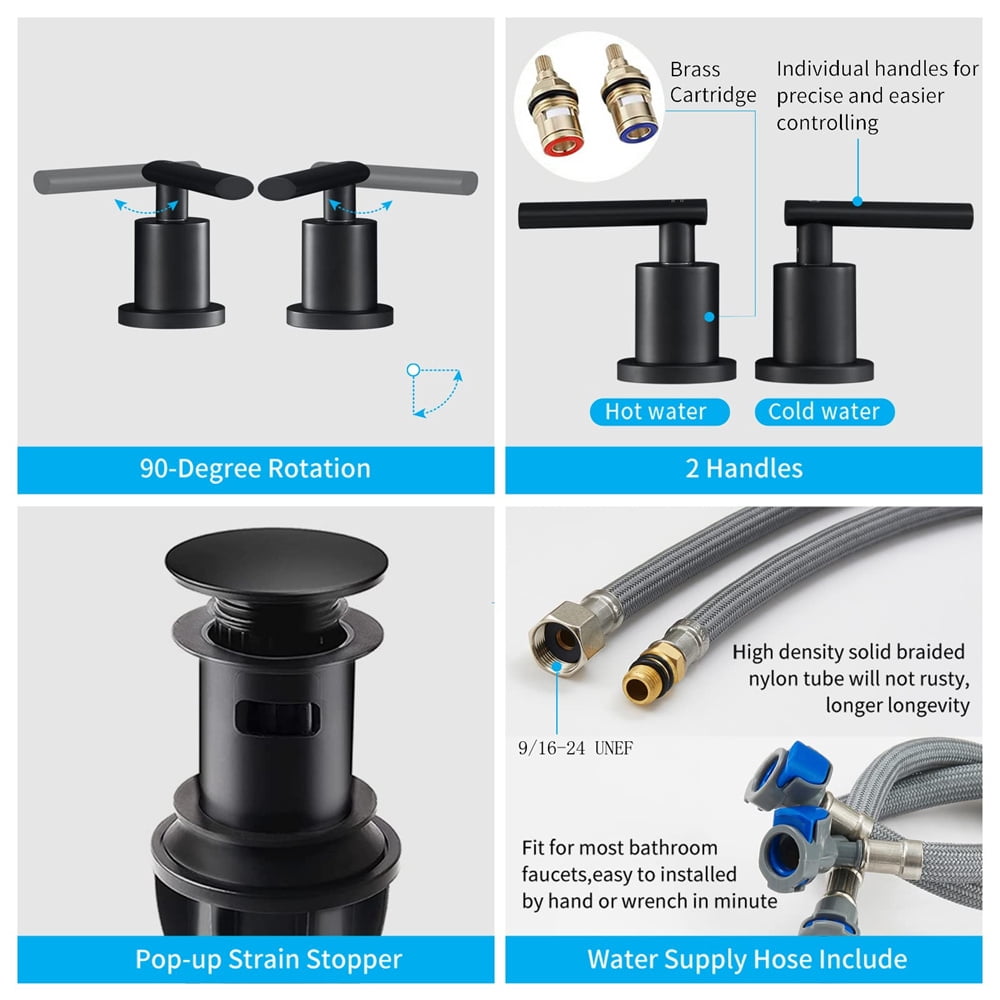 Tcbosik Matte Black 2-Handles Modern Vanity Faucet with Pop Up Drain Assembly and Lead-Free Supply Hose, ,8-Inch 3 Hole Waterfall Bathroom Sink Faucet for Washroom and Kitchen