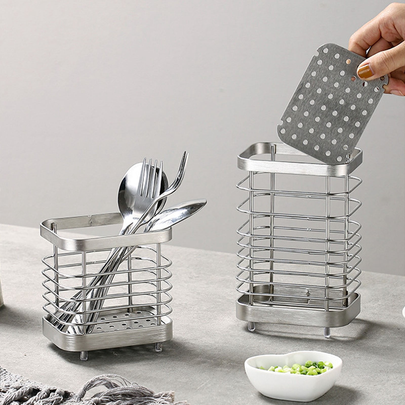 BNNG Utensil Holder, Stainless Steel Utensil Drying Rack for Kitchen Counter, Silverware Cutlery Flatware Holder with Drain Tray for Forks, Knives, Spoons, Chopsticks Organizer (Silver,S/L)