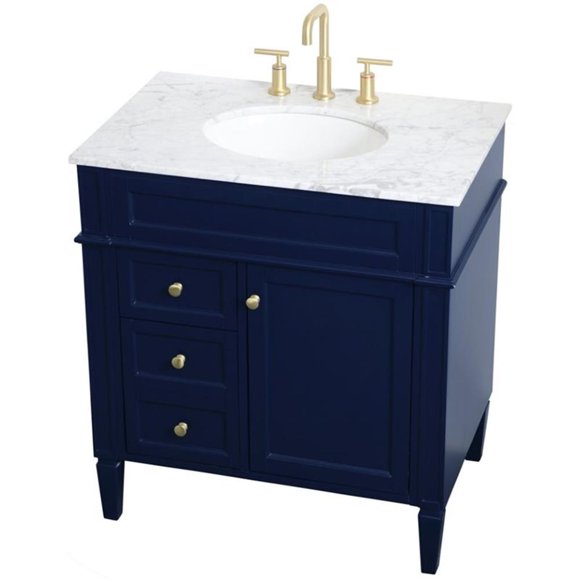 Pemberly Row Modern 32" Single Marble Top Bathroom Vanity in Blue