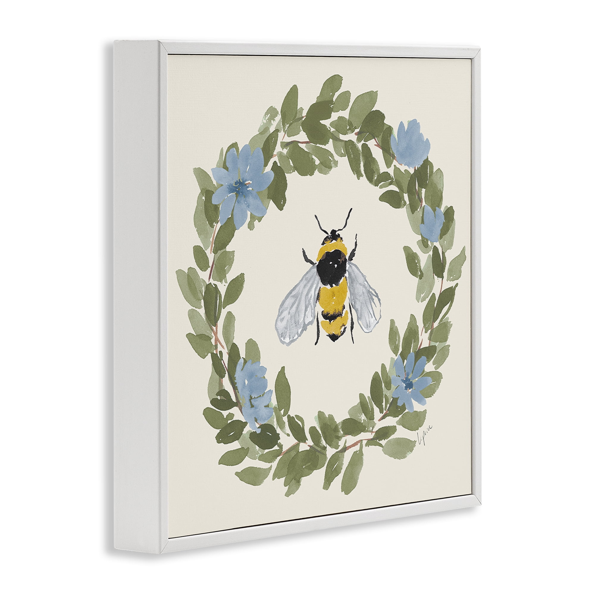 Stupell Industries Floral Wreath Bee Celebration White Framed Giclee Art, design by Lucille Price