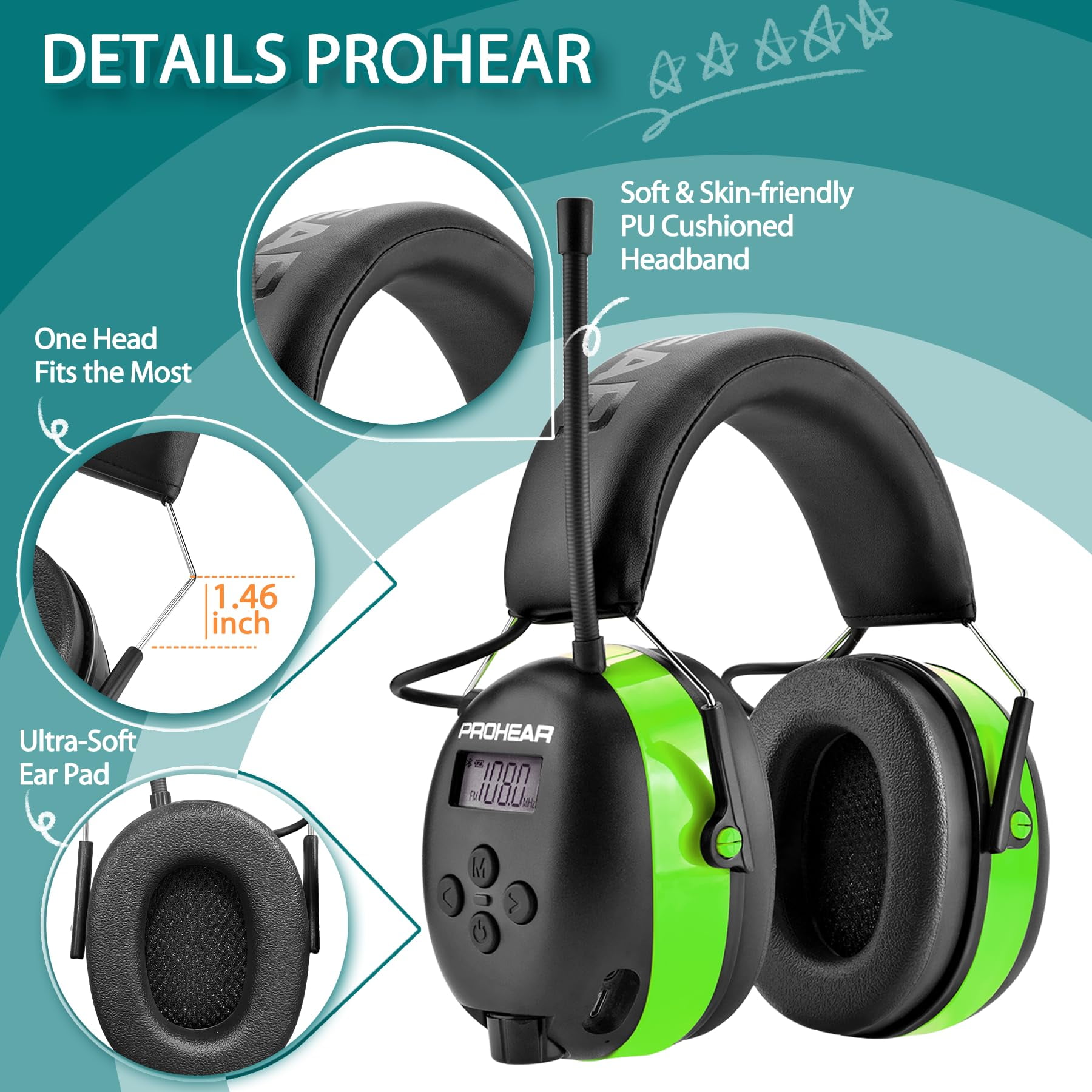 PROHEAR 033 5.4 Bluetooth Hearing Protection AM FM Radio Headphones, Noise Reduction Safety Earmuffs with Rechargeable 2000mAH Battery, 31dB SNR Ear Protector for Mowing Lawn,Gifts for Father Green