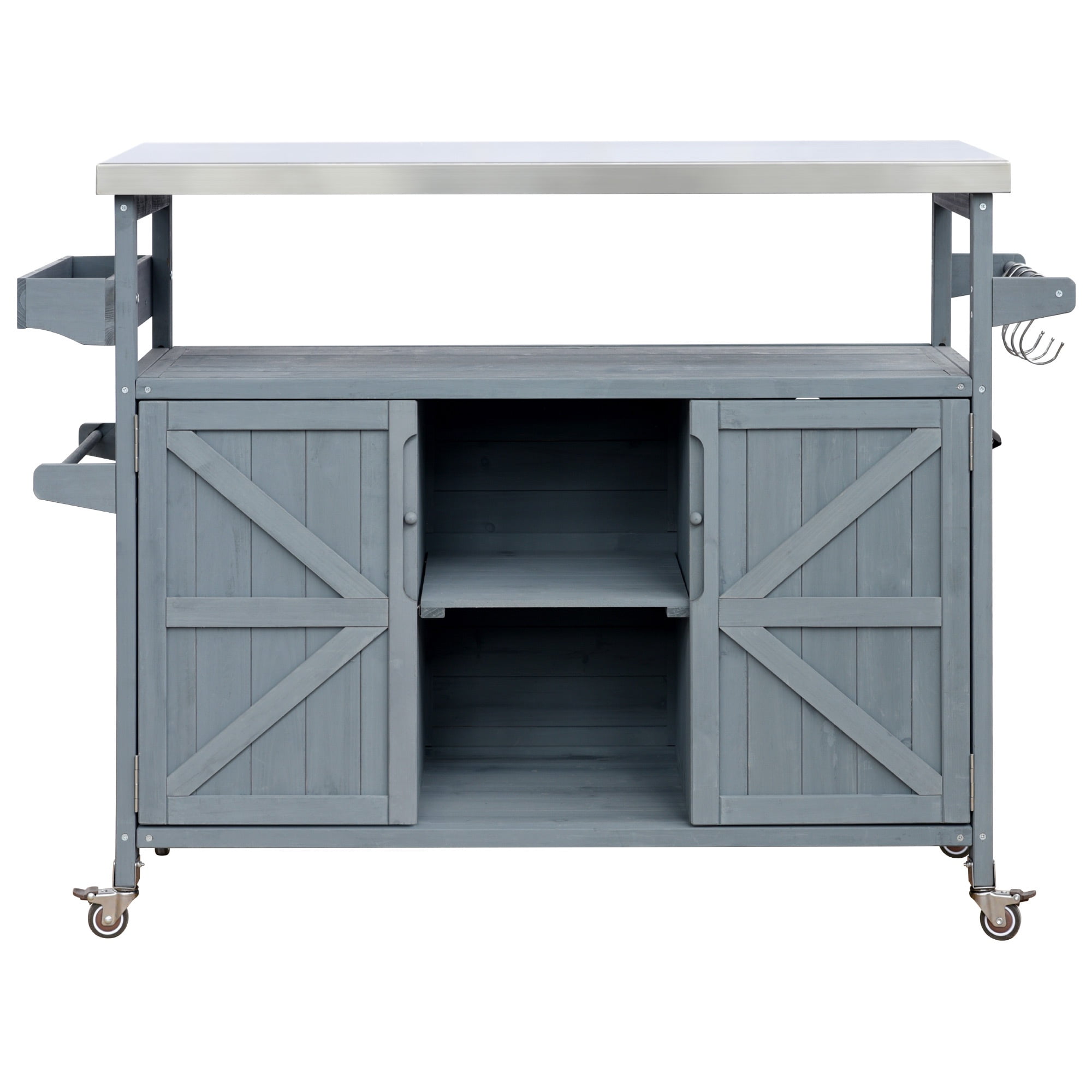 Bellemave Outdoor Serving Cart Kitchen Island Solid Wood Mobile Rolling Bar Cart with Lockable Wheels, Rack and Stainless Steel Top Beverage Storage Counter Table with Cabinet for Patio, Gray Blue