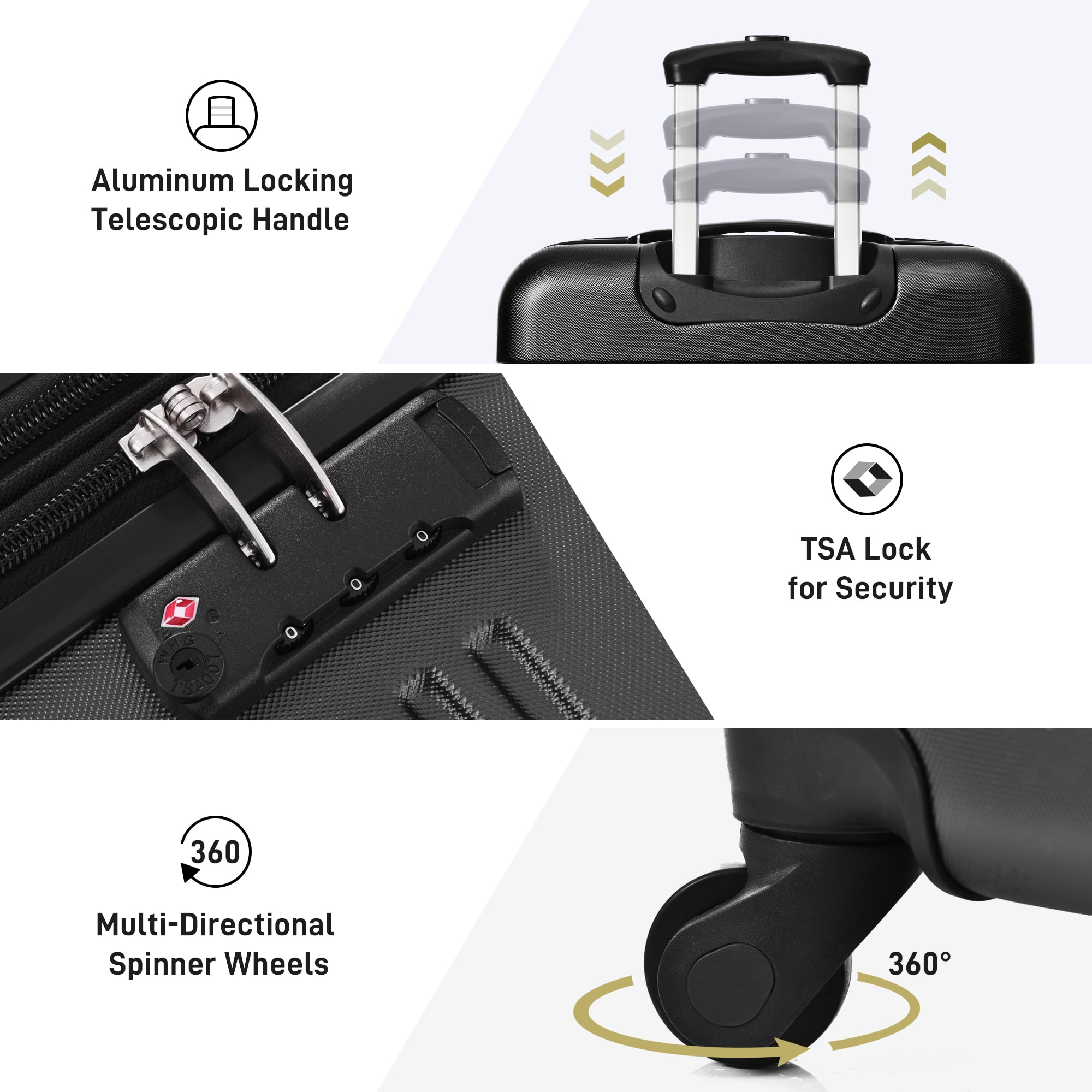 MAYEERTY 3-Piece Hardside Luggage Se: Lightweight ABS with TSA Lock, Spinner Wheels & Expandable Space for Travel, Black