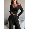 thumbnail image 5 of Women'S 2 Piece Matching Lounge Sets Long Sleeve Henley Neck Slightly Crop Top Wide Leg Pants Sweat Suit Black XL, 5 of 9