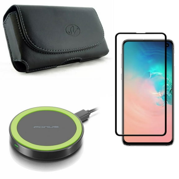 Galaxy S10e Wireless Charger w Case Belt Clip w Screen Protector - Fast 7.5W and 10W Charging Pad, Leather Holster Cover, Tempered Glass 5D Curved Edge for Samsung Galaxy S10e Phone