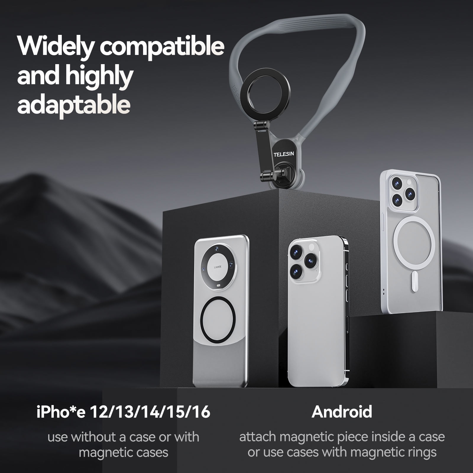 VIPQV Magnetic Neck Mount for Phones, Neck Cell Phone Holder POV/Vlog Selfie Mount Hand Free Phone Neck Holder Chest Stand Strap Video Recording for iPhone Android Phones, Gray