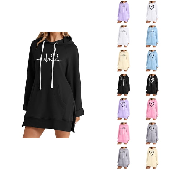 Valentines Hoodie Dress for Women Fall Winter Long Sleeve Side Slit Hooded Sweatshirt with Pockets Pullover Tops