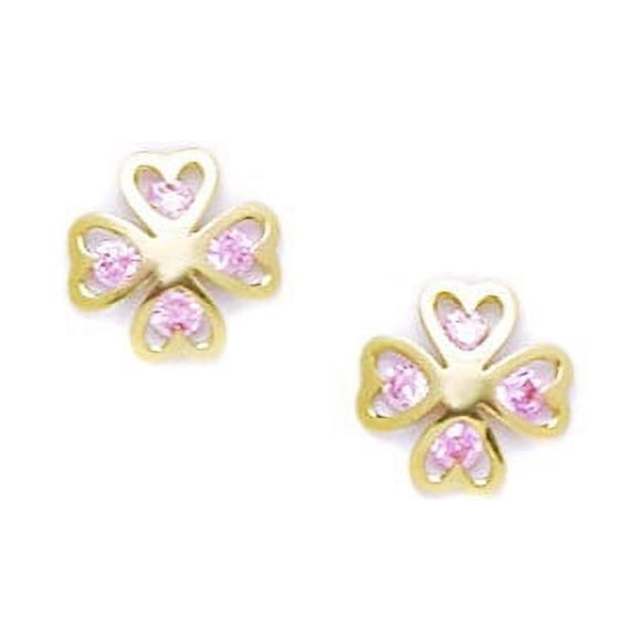 14k Yellow Gold Pink Cubic Zirconia Flower Screw-Back Earrings - Measures 9x9mm