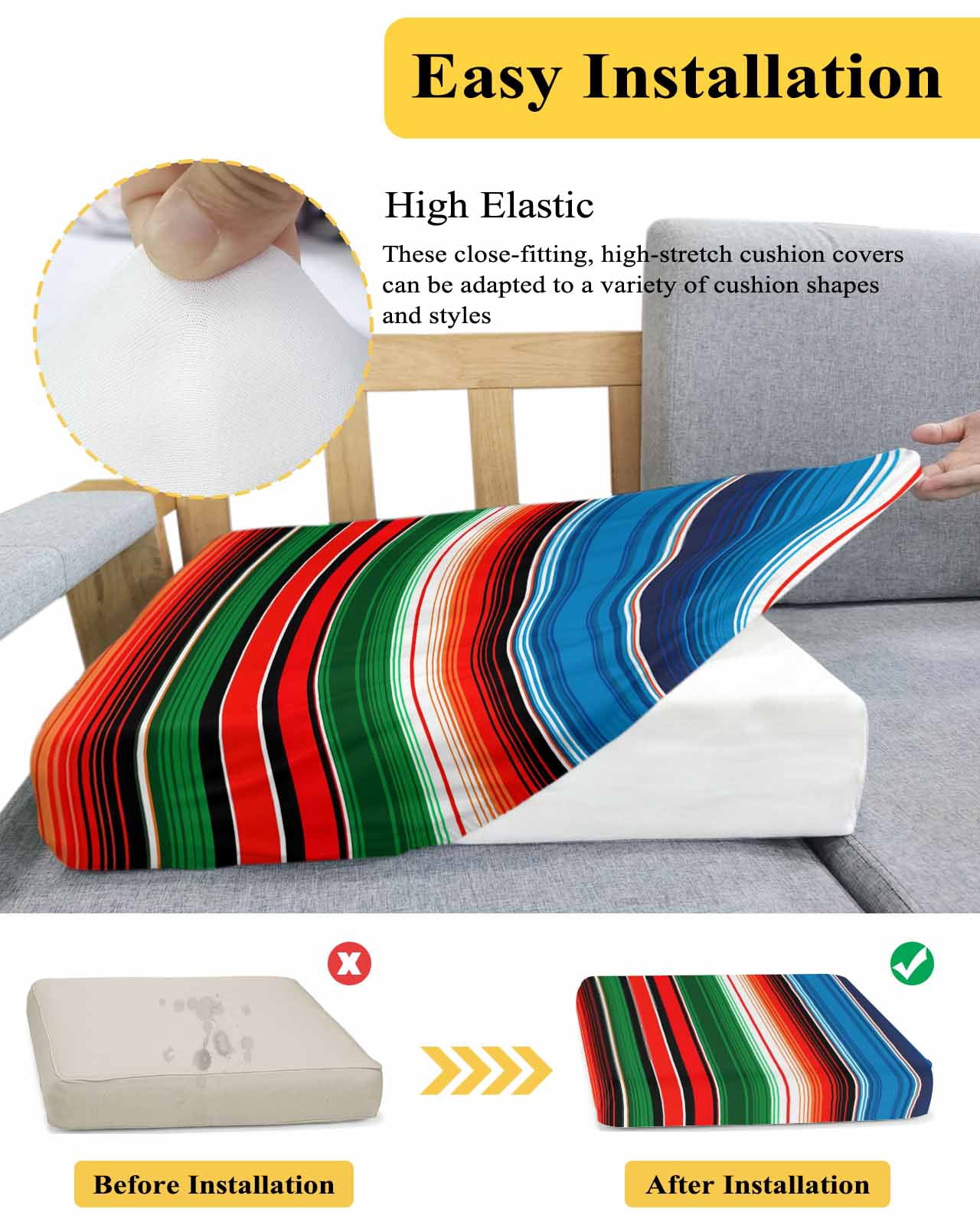 Mexican Serape Couch Cushion Covers Stretch, Washable Sofa Seat Covers Individual Seat Cushion Sofa Slipcovers Colorful Stripes Vertical Lines Abstract Couch Cover Furniture Protector S-1PCS