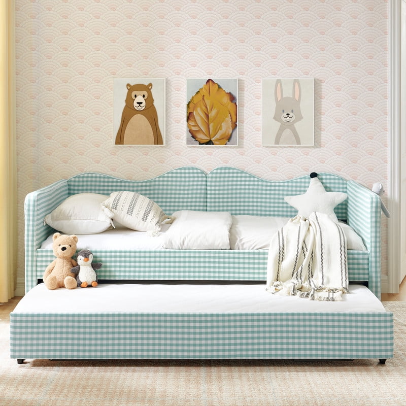 Twin to King Size Daybed with Trundle, Gingham Upholstered Day Bed Frame with Side Storage Pocket and Wave Backrest, Sofa Bed Frame for Bedroom, No Box Spring Needed