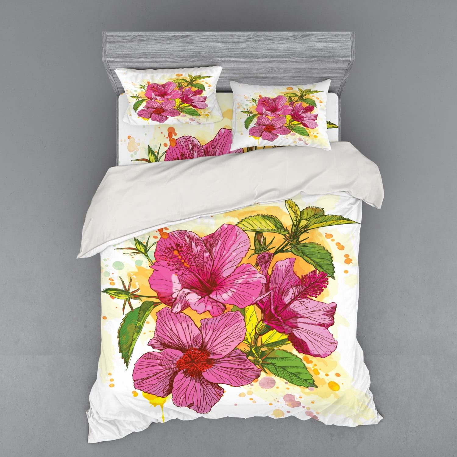 Floral Duvet Cover Set, Vibrant Hibiscus Flower Bouquet Exotic