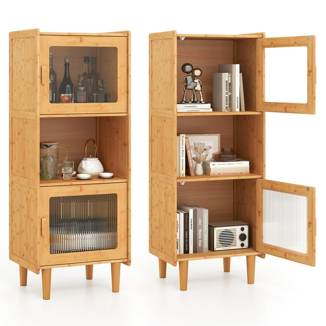 Gymax 2PCS Bamboo Cabinet Narrow Kitchen Storage Cabinet w/ Open Compartment & Storage