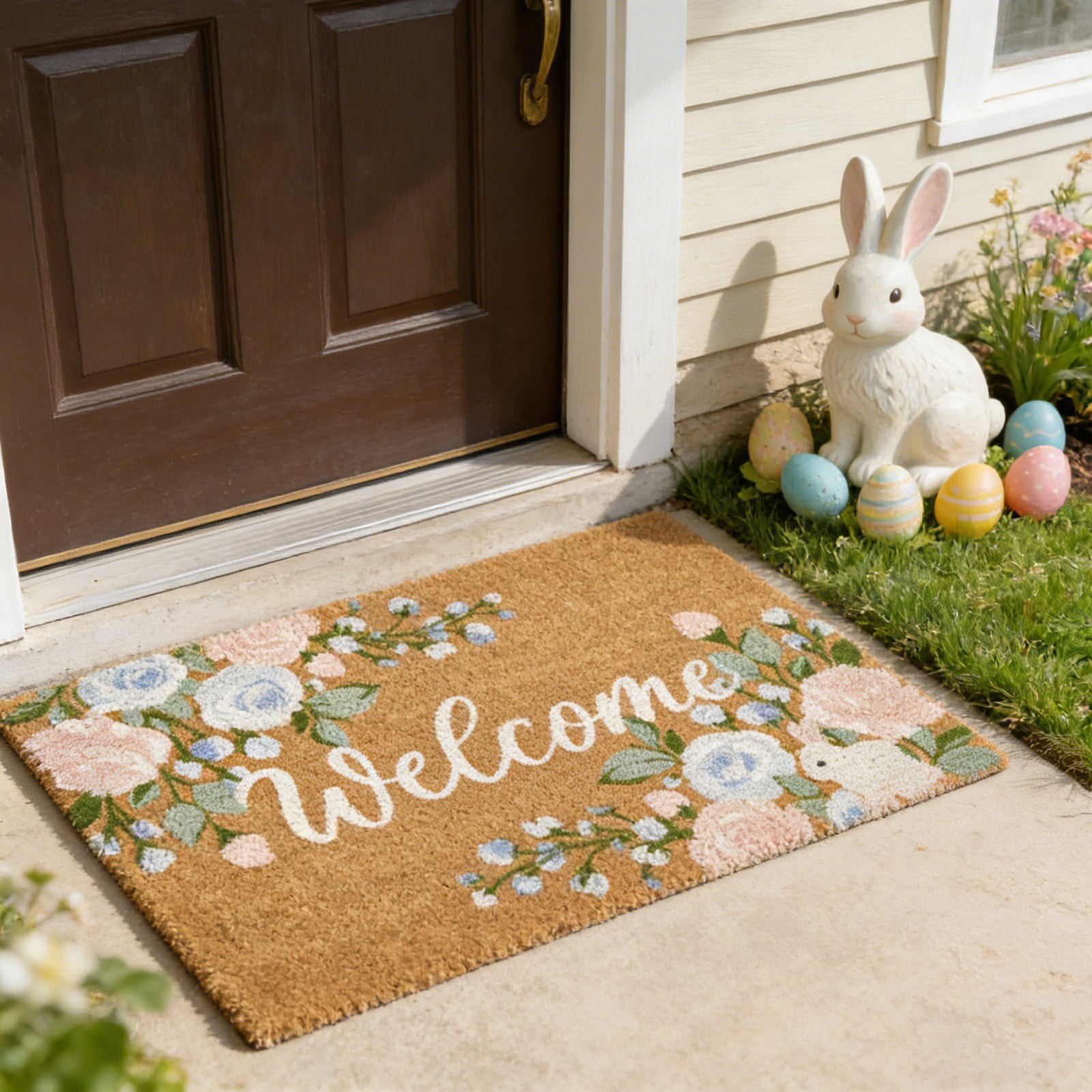 Door Mat Welcome Outdoor Mat: Artificial Coir Doormat for Outdoor Outside Indoor Entrance - Front Door Mats Non- Backing Washable Fall Mat for Home Porch Entry (Floral Welcome Matt, 24"x 36")