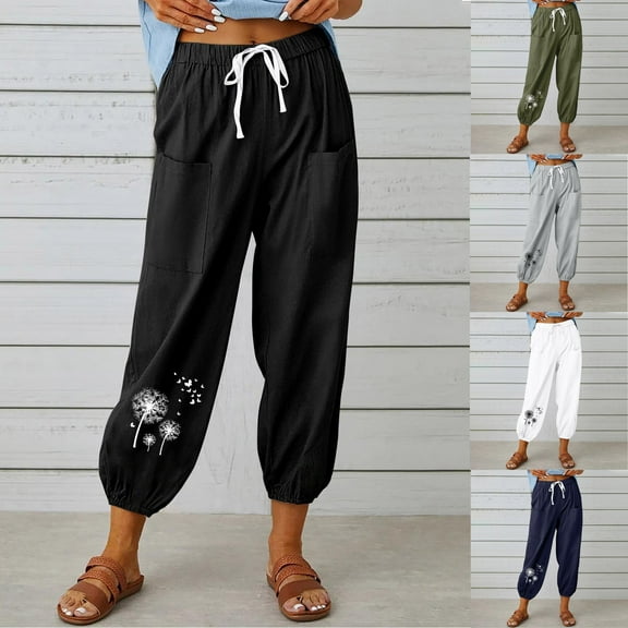 lcziwo Cotton Linen Capris for Women Summer Baggy Elastic Bottom Harem Pants Fashion Dandelion Print Drawstring Cropped Trousers with Pockets on Sale Clearance Army Green M
