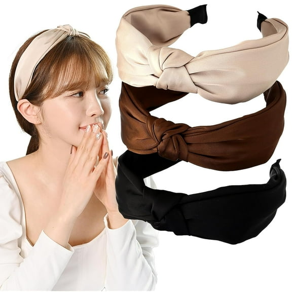 LinYooLi 3 Pack Fabric Knotted Padded Headbands,Satin Wide Hard Hair bands with Fashion Rhinestone Headbands for Women and Girls (Black Brown Khaki)
